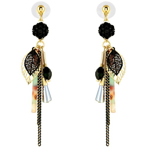 Boucles d'oreilles LA ROSA NOCHE Black Gold Pendantes à pendentif Roses Doré et Noir Doré à l'or fin Cristal et Résines