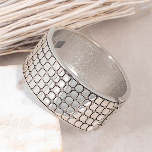 Bracelet WALL Silver Manchette rigide Quadrillage Argenté Rhodium