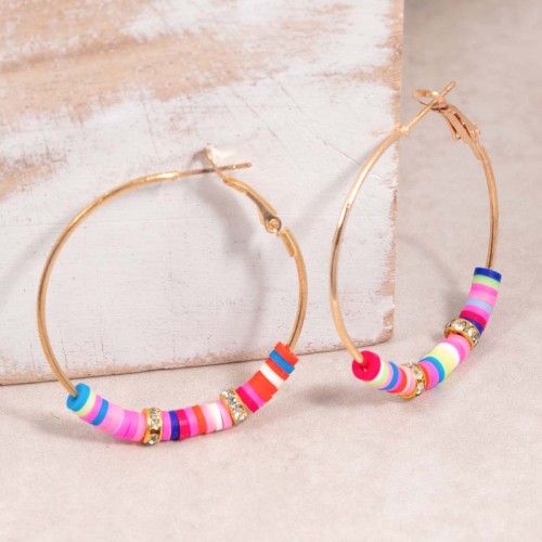 Boucles d'oreilles EODALIA Color Gold Créoles pavées Alternance de perles Doré et Multicolore Acier inoxydable Cristaux sertis