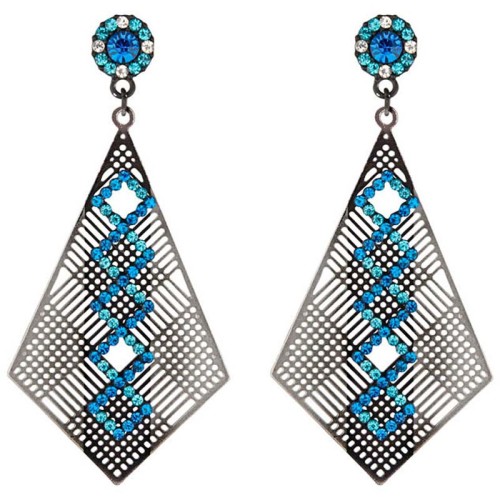 Boucles d'oreilles CAMANI Blue Silver Pendantes pavées ajourées Géométrique Argenté et Bleu Rhodium Cristal