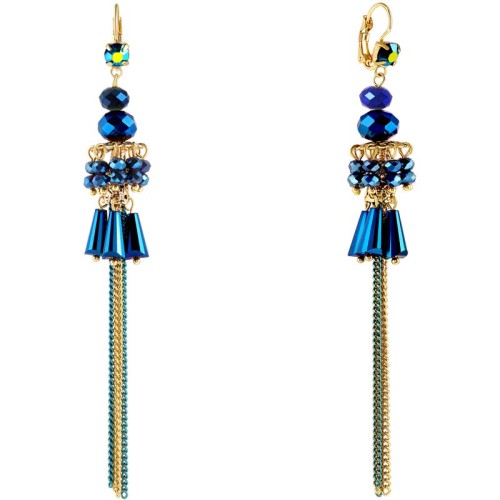 Boucles d'oreilles SAGAR Blue Gold Pendantes à pendentif Classique chic Doré et Bleu Doré à l'or fin Cristal