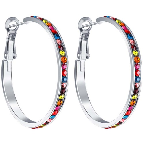 Boucles d'oreilles ORIANA STEEL MEDIUM SIZE Color Silver Créoles pavées Argenté et Multicolore Acier inoxydable Cristaux sertis