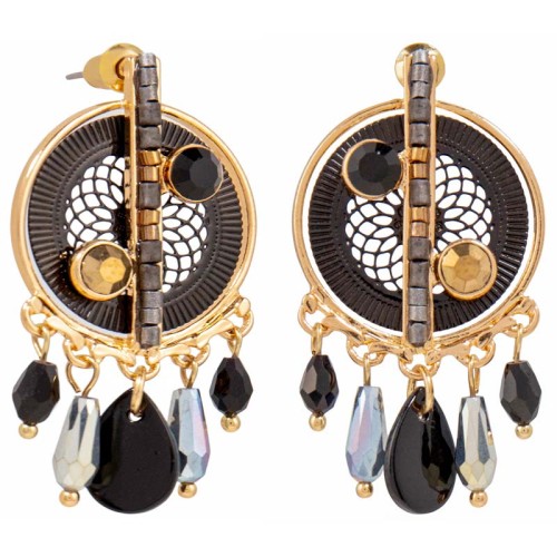 Boucles d'oreilles MEOLITA Black Gold Pendantes ajourées Filigrane Doré et Noir Laiton doré à l'or fin Cristal et Nacre