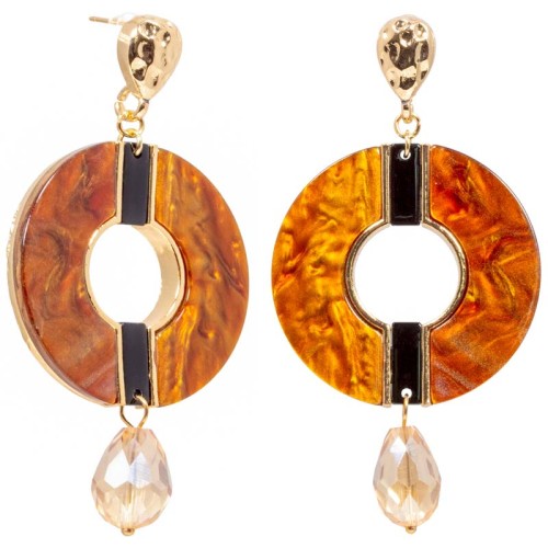 Boucles d'oreilles AMBORA Beige Gold Pendantes longues ajourées Miel Ambre Doré et Beige Laiton doré à l'or fin Cristal Résines