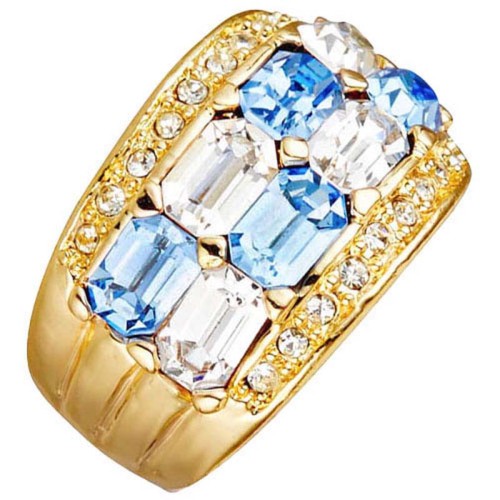 Bague DEMIS Sky Blue Gold Cocktail pavé Damier Doré et Bleu Ciel Laiton doré à l'or fin Cristaux sertis