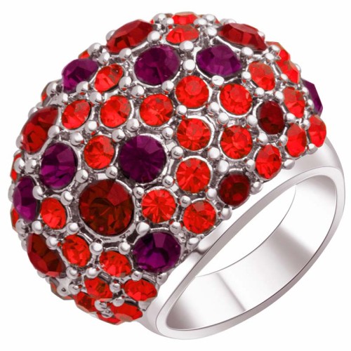 Bague SKYDOMI Red Silver Cocktail Pavé Dôme pavé Argenté et Rouge Rhodium Cristal