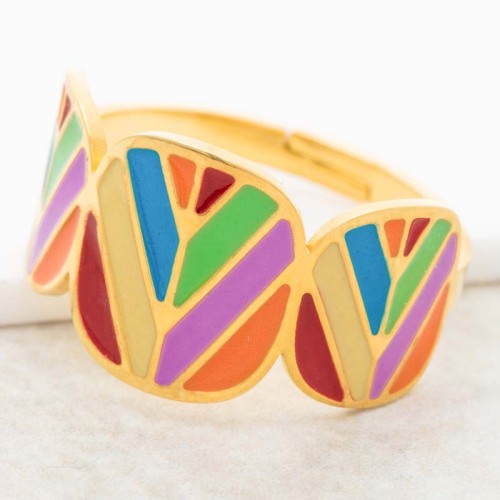 Bague DALIS Color Gold Jonc réglable flexible Feuillage contemporain Doré et Multicolore Acier inoxydable doré à l'or fin émaux