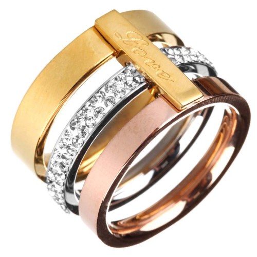 Bague LOVE ORIGINS 3 ORS All Gold Jeu de 3 anneaux reliés Trois ors message Love Argenté Doré Rosé Acier inoxydable Cristal