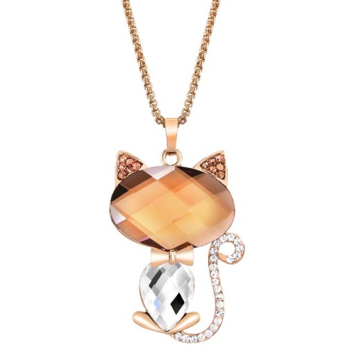 Collier NOUKITO Beige Topaz Gold Sautoir pendentif en Y Chat Doré et Beige Topaze Rhodium Cristal