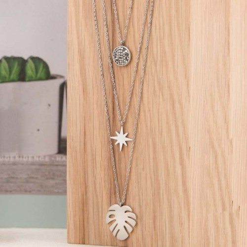 Collier LUGSBY Silver Ras de cou Multirangs à pendentif Feuille Argenté Acier inoxydable Cristal