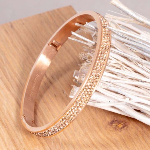 Bracelet ONLY ONE CRYSTAL Nude & Rose Gold Jonc rigide pavé Rivière de cristal Rosé et Pêche Acier inoxydable doré Cristal