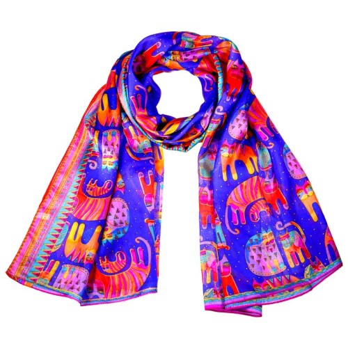 Foulard CATSY BLUE Color Blue étole en soie imprimée chat Bleu et Multicolore 100 % soie Imprimé sur l'ensemble