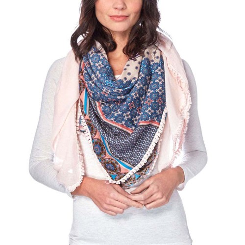 Foulard LAURA Blue Pink grand carré à breloques Patchwork Blue Rose Coton Viscose Patchwork assemblés unis et imprimés pompons