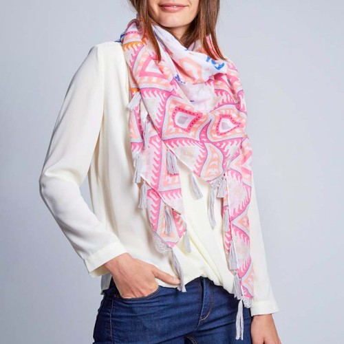 Foulard PAPAYA White Grey Pink grand carré breloques ethniques Blanc Gris Rose Coton Viscose Imprimé dentelle pompons