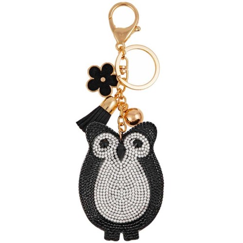 Accessoires de Maroquinerie NIGHTBIRD Black & White Gold Bijou de sac porte-clé 2 en 1 Chouette Noir Blanc Laiton doré Cristal