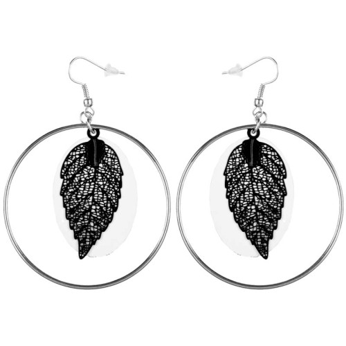 Boucles d'oreilles NATUSA Black & White Silver Pendantes ajourées à pendentif Feuilles Argenté et Noir et Blanc Rhodium