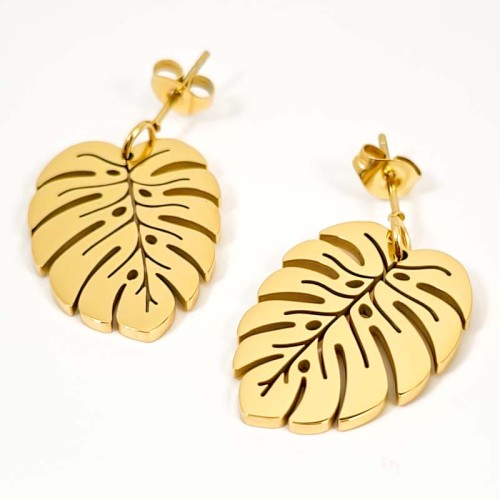 Boucles d'oreilles JUNGLE Gold Pendantes courtes Feuille de coco Doré Acier inoxydable doré à l'or fin