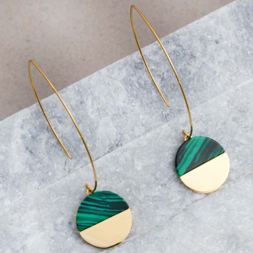 Boucles d'oreilles URUKA STEEL Green Gold Créoles pendantes Pierre Malachite verte reconstituée Acier inoxydable 316 doré