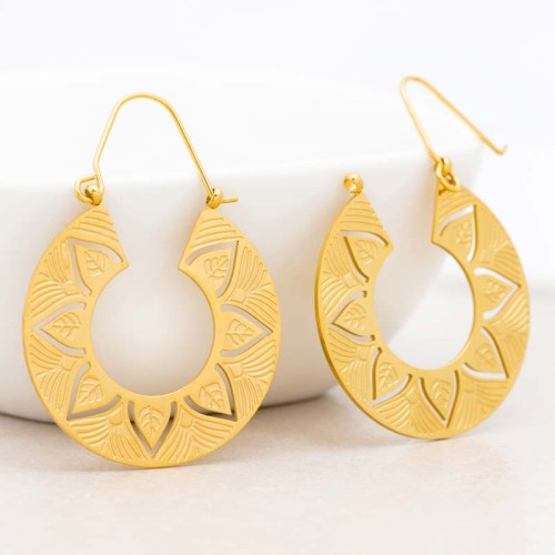 Boucles d'oreilles KORI Gold Créoles disques Couronne de feuilles Doré Acier inoxydable doré à l'or fin