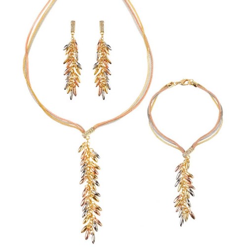 Parure AFAROL All Gold Ras de cou pendentif bracelet boucles d'oreilles Feuillage trois ors Argenté Doré Rosé Laiton Cristal