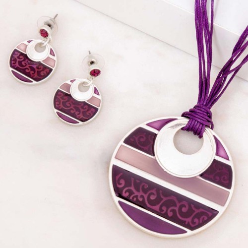 Parure ARABESQUE PARMA Silver Ras de cou pendentif boucles d'oreilles Romantique Argenté Violet Cristal Pâte de verre émaux