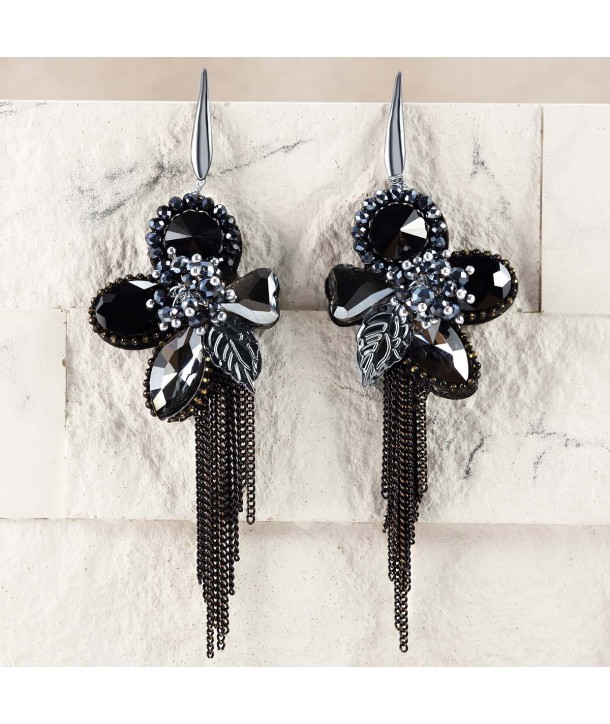 Boucles d'oreilles KRISTOS BLACK WHITE pendantes florales argent et noir cristal