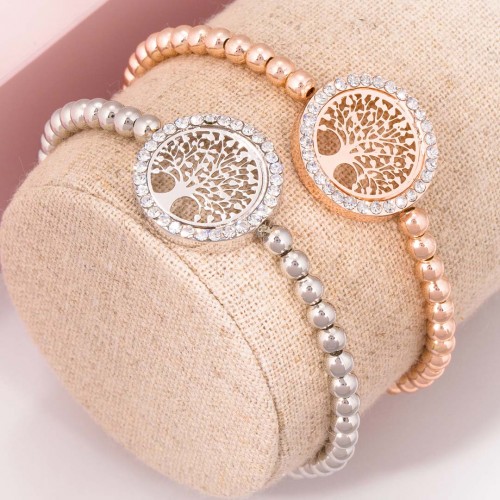 Bracelet EVOVA Rose Gold & Silver jeu de bracelets souples stretch argenté et rosé arbre de vie ajouré et cristal