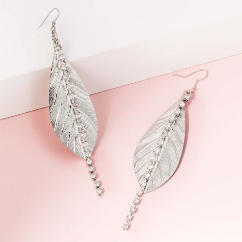 Boucles d'oreilles LEAVES PRINT White Silver Pendantes longues Feuille Argent et Blanc Rhodium Cristaux sertis