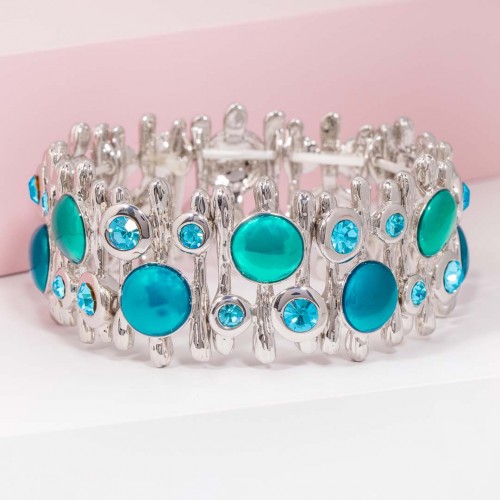 SATELLITE Turquoise Silver Bracelet Flexible Elastic Contemporary Cuff Silver and Turquoise Rhodium Crystal and enamels