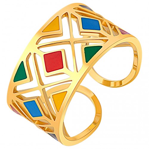 MODAMIA STEEL Color Gold ring Flexible adjustable openwork Multicolor Damier Gold-plated stainless steel fine gold enamels