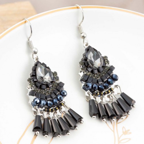 PONDICHERI BLACK SILVER Silver and Black Rhodium Crystal Earrings