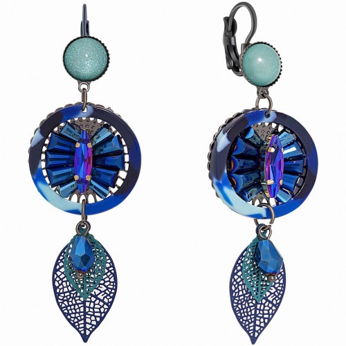 EFOLIA Night Blue Silver Earrings Long Dangling Silver Foliage and Night Blue Rhodium Crystal and Resins