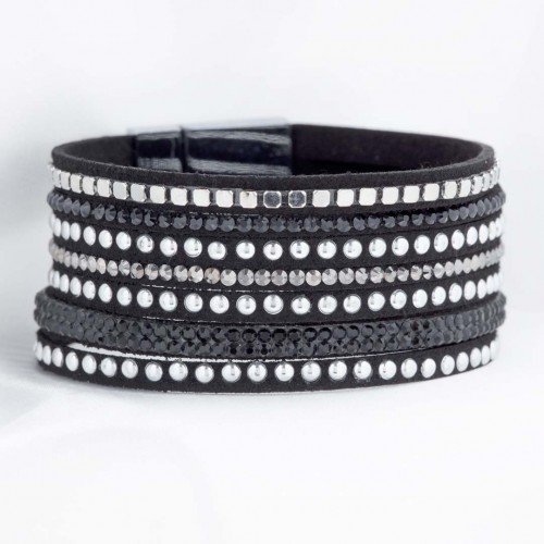 Bracelet ROCK STAR BLACK SILVER Argent et Noir Rhodium et Simili-Cuir Cristal