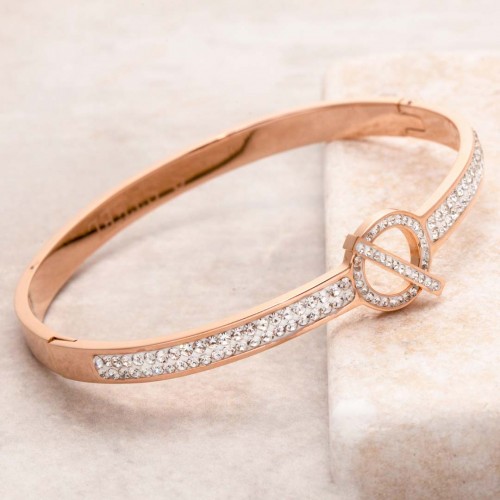 Bracelet OUT ROUND CRYSTAL STEEL PINK GOLD Rigid bangle Rosé stick clasp Stainless steel gilded with fine gold Crystal