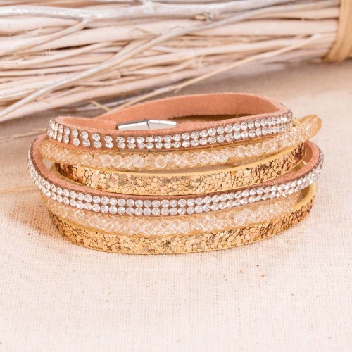 Bracelet LIGHTSTORM TRIPLE Beige Nude Silver Double Tour Multirangs Cage à cristal Argent Beige Nude Rhodium Simili-Cuir