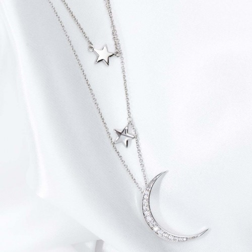 Collier MOON & STARS SILVER Argent et Blanc Rhodium Cristal