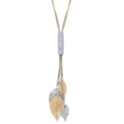 Collier FOLANE Gold & Silver Sautoir pendentif en Y Feuillage Argent et Doré à l'or fin Cristal