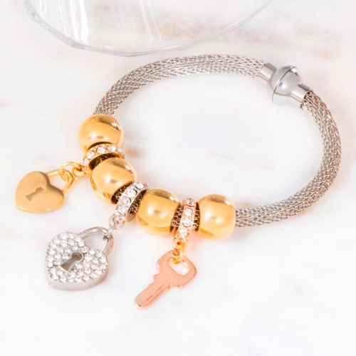 Bracelet HEART KEY All Gold Bracelet souple à pendentif Cur cadenas et clé Argent Doré Rosé Rhodium Cristal