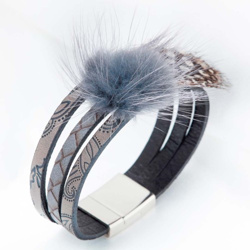 Bracelet FOXY Grey Silver Argent et Gris Rhodium et Simili-Cuir et Pompon en fourrure synthétique