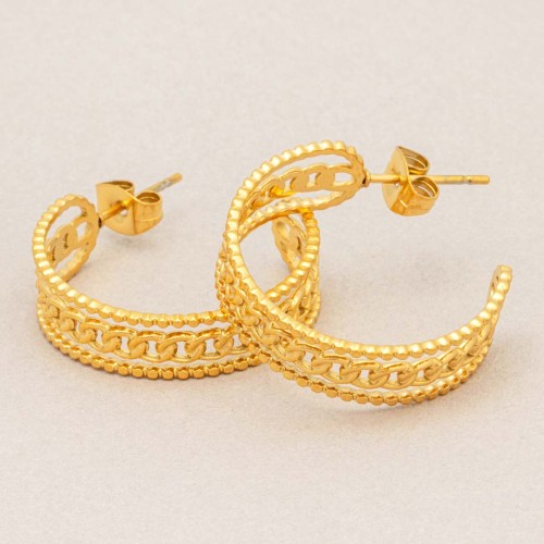 Boucles d'oreilles GORMETO STEEL Gold Créoles ajourées Accumulation de mailles gourmettes Doré Acier inoxydable doré à l'or fin