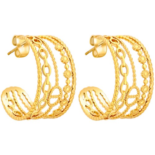 Boucles d'oreilles CHAINELLA STEEL Gold Créoles ajourées Accumulation de chaînes Doré Acier inoxydable doré à l'or fin