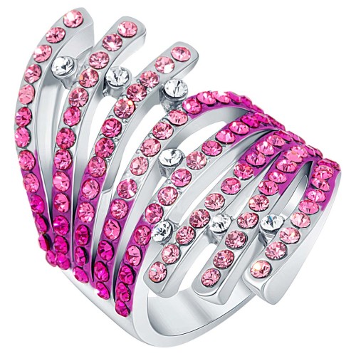 Bague VENUSA Fuchsia Silver Cocktail pavé ajouré Double éventail Argent et Rose Fuchsia Rhodium Cristal autrichien