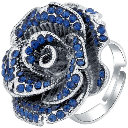 Bague CAMELIA Night Blue Silver Cocktail réglable flexible Fleur Argent et Bleu Nuit Rhodium Cristal