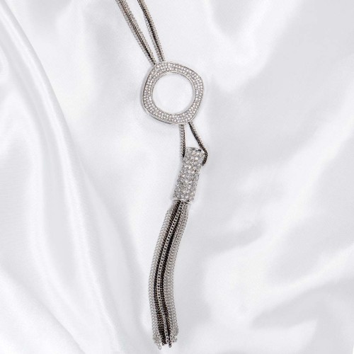 Collier ROUND SQUARE CRYSTAL White Silver Sautoir pendentif en Y Argent et Blanc Rhodium Cristal