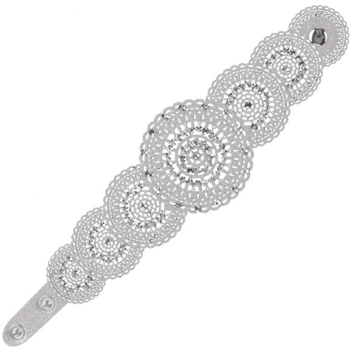 Bracelet ALAMBRA Silver Manchette souple ajourée Filigranes Argent Rhodium et Simili-Cuir Cristal