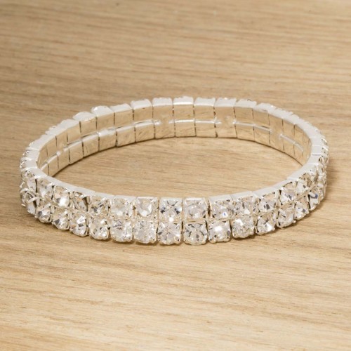 Bracelet GALA DOUBLE CRYSTAL White Silver Manchette souple réglable élastique Double rivière de cristal serti Argent et Blanc