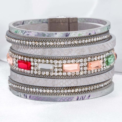 Bracelet IDYL OF CRYSTAL Grey Silver Argent et Gris Rhodium et Simili-Cuir Cristal