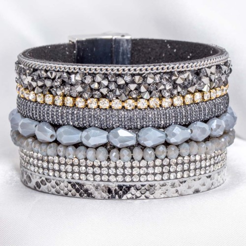 Bracelet SANDORIA Grey Silver Argent et Gris Rhodium et Simili-Cuir Cristal