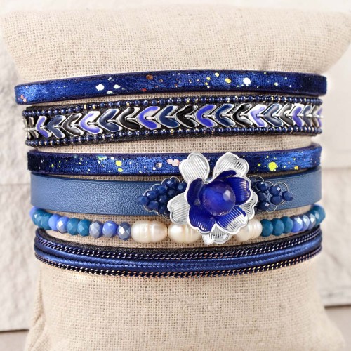 Bracelet FLOWER Blue Silver Argent et Bleu Rhodium et Simili-Cuir Cristal