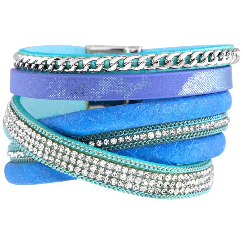 Bracelet LORANE Turquoise Silver Manchette souple Multirangs Argent et Turquoise Rhodium et Simili Cuir Cristal